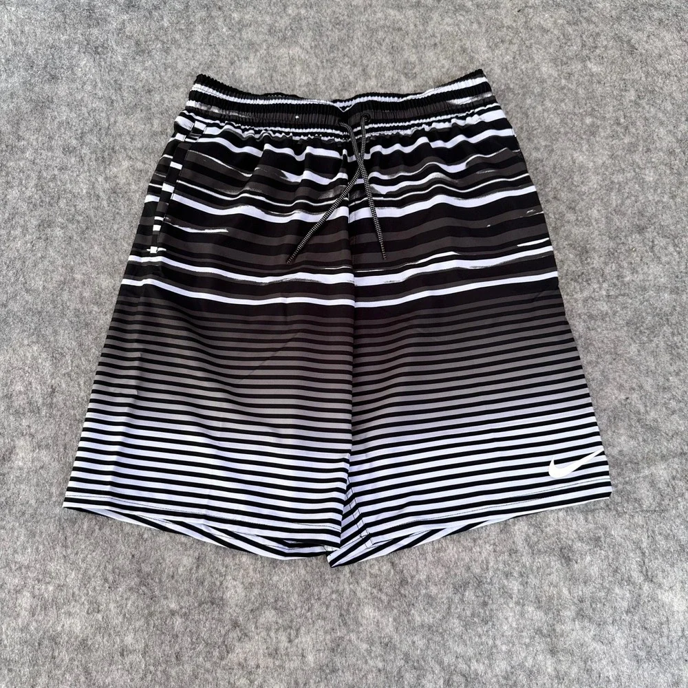 Nike Swim Mens Black Striped 9 Inch Inseam Board Shorts NESSD545-440 Size S NEW